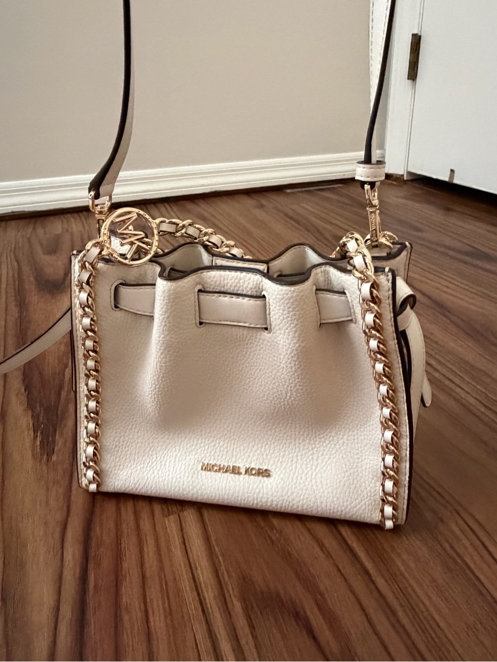 Michael Kors Cream Pebbled Leather Crossbody with Gold Chain Trim